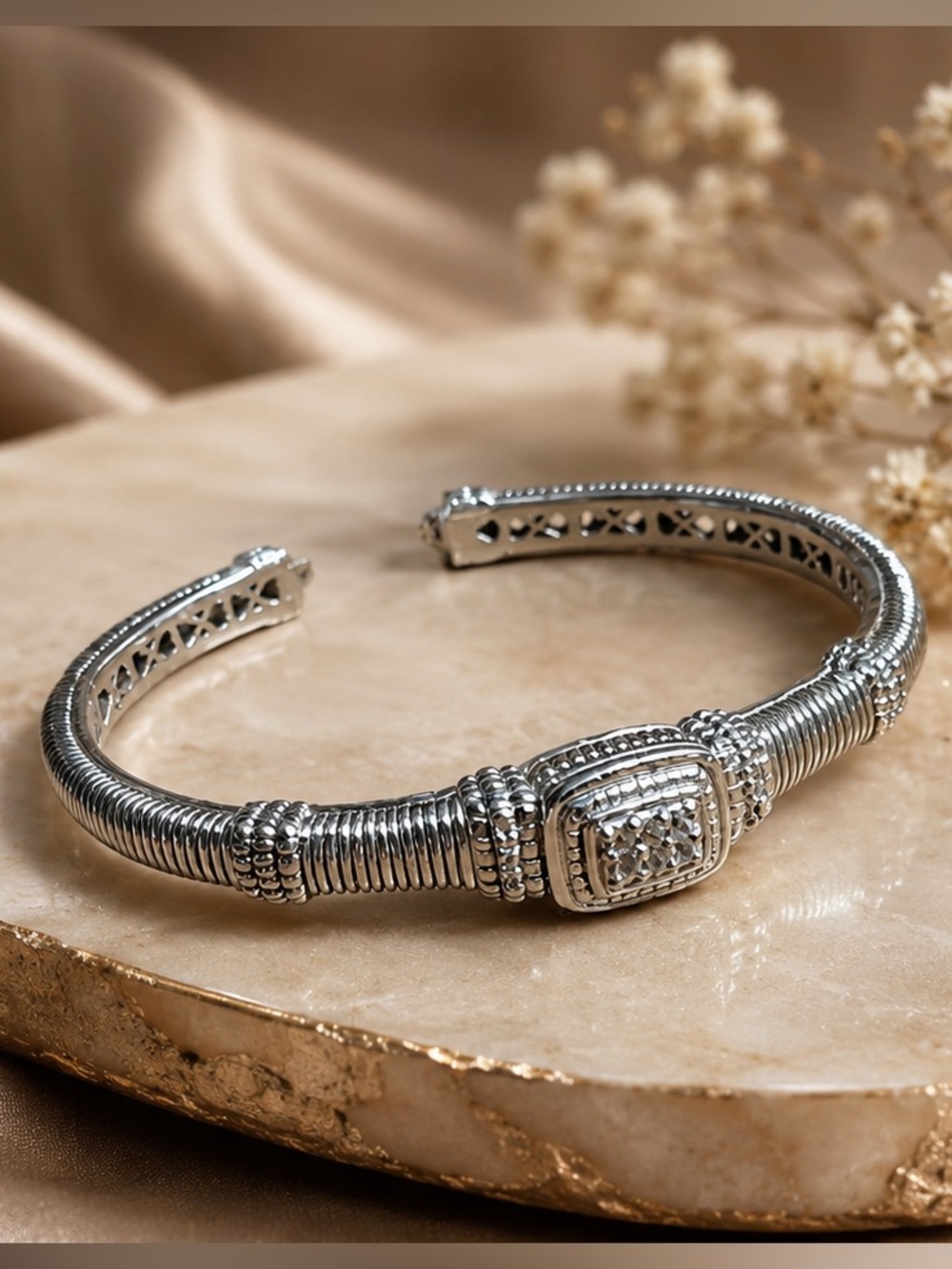 Judith Ripka Sterling Silver CZ Cable Cuff Bracelet